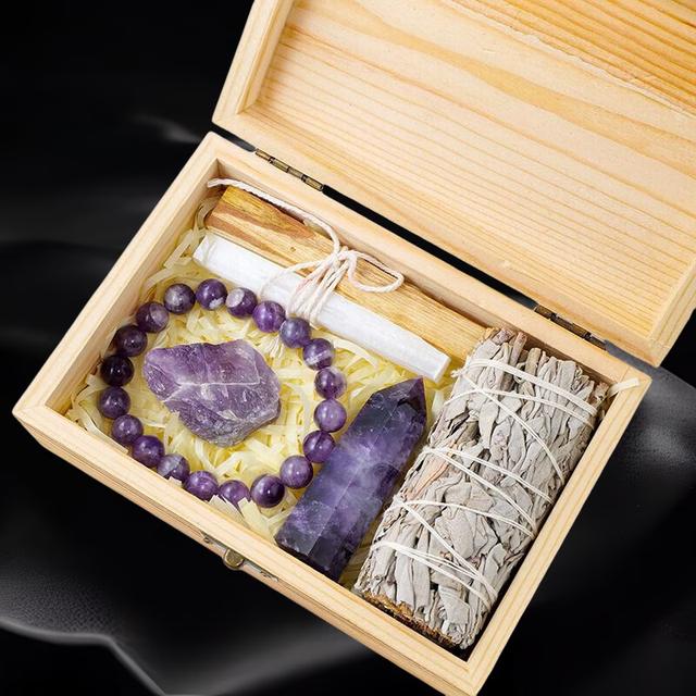 Natural Amethyst Wood Box Set